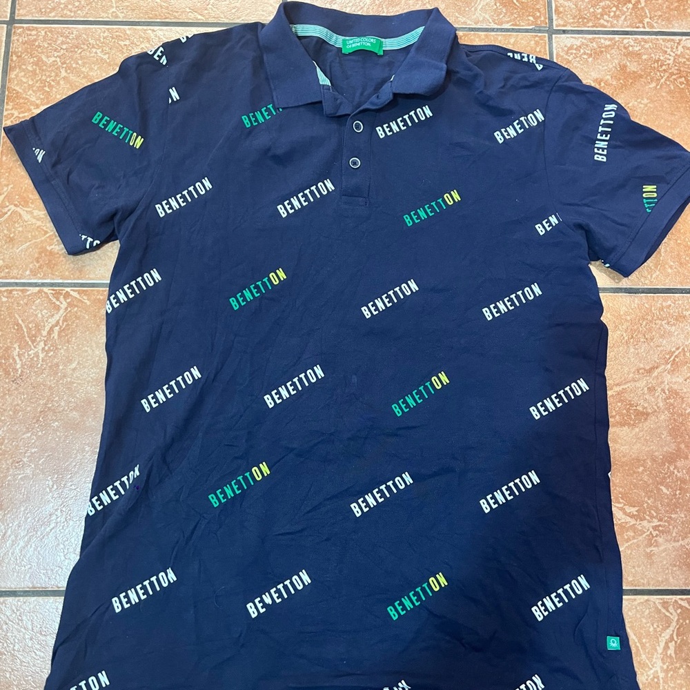 RARE Vintage United Colors Of Benetton All Over Print Rugby Polo Shirt Size XL